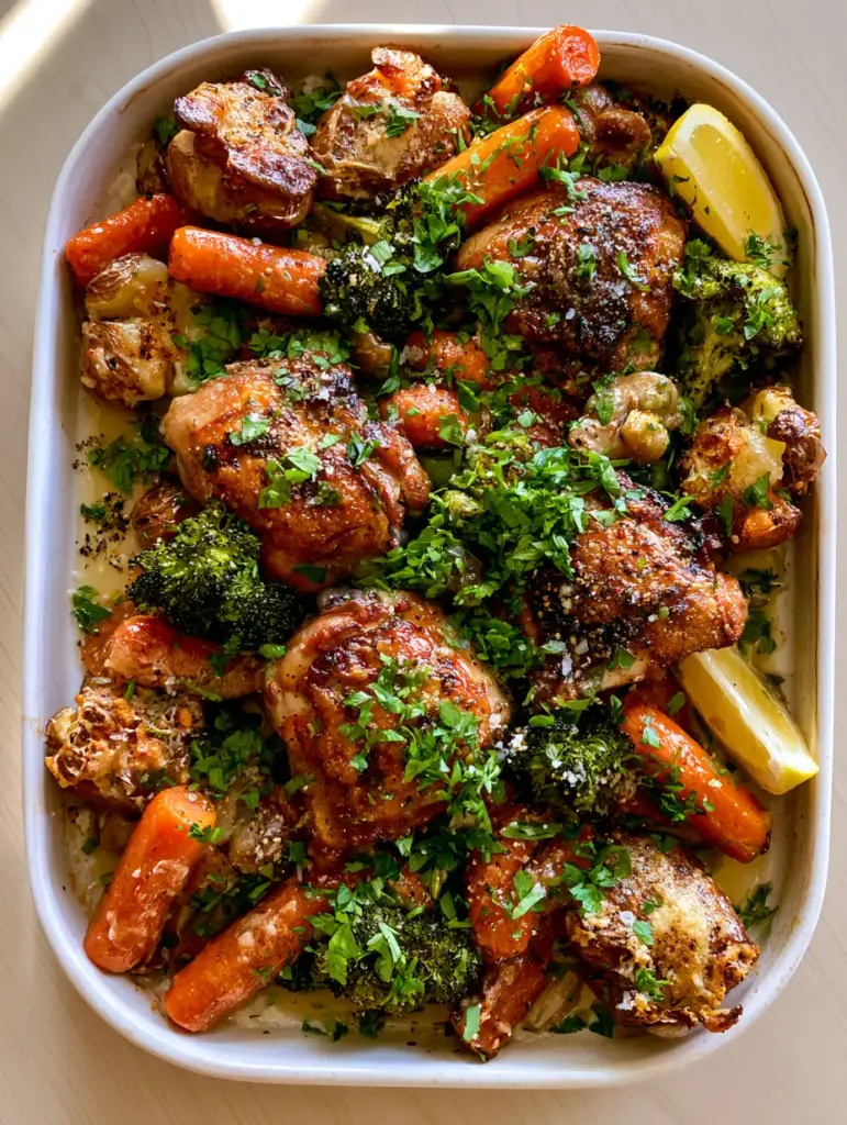 Easy Family Dinner Recipes: Sheet Pan Garlic Butter Chicken with Crispy Veggies 2 Overhead shot of a rustic white sheet pan with seared chicken thighs, honey-glazed carrots, and crispy smashed potatoes. (easy family dinner recipes)