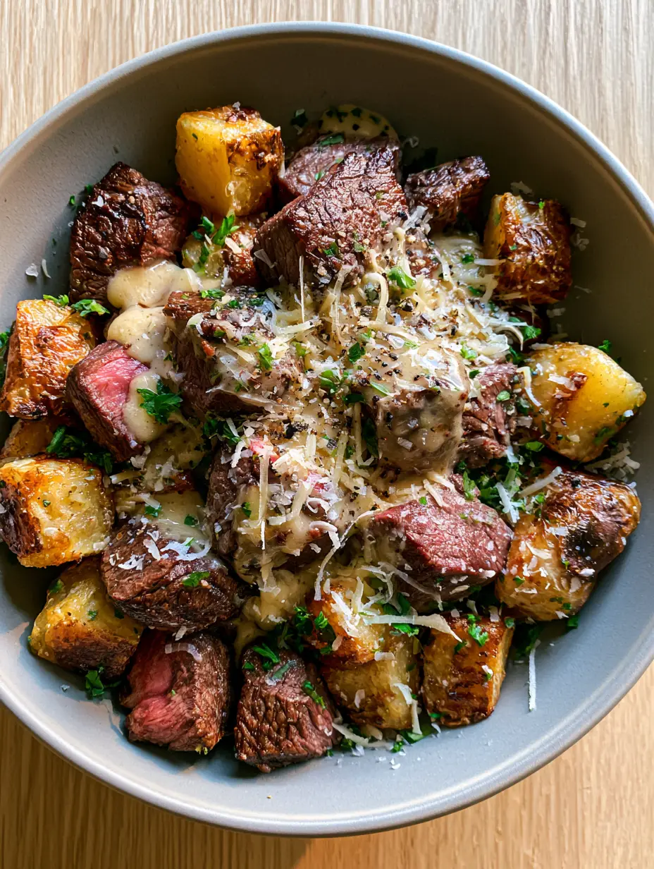 Garlic parmesan steak bowls with Crispy Roasted Potatoes 4 Top-down view of a grey ceramic bowl filled with Garlic parmesan steak bowls, showing juicy pink steak centers and golden potatoes.