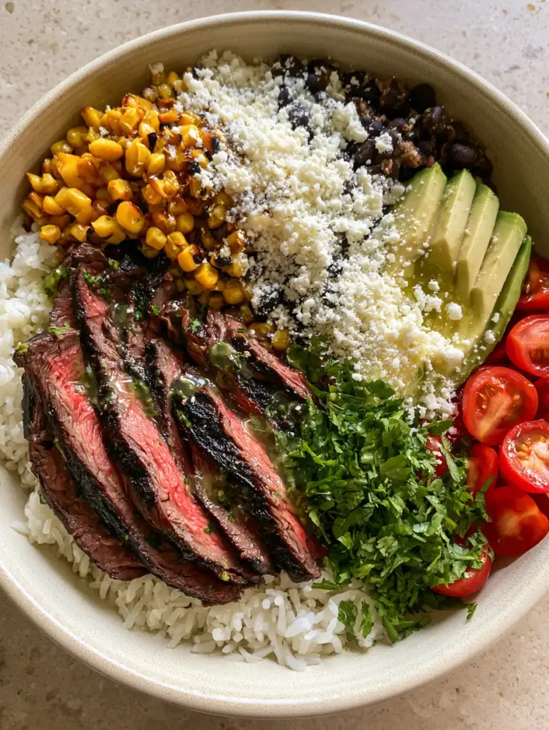 Cilantro Lime Steak Bowls with Charred Corn and Creamy Avocado 1 Full assembly of cilantro lime steak bowls showing distinct sections of corn, beans, avocado, and tomatoes.