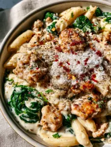 A bowl of Ground Turkey Spinach Pasta showing thick garlic cream sauce and vibrant wilted spinach leaves.