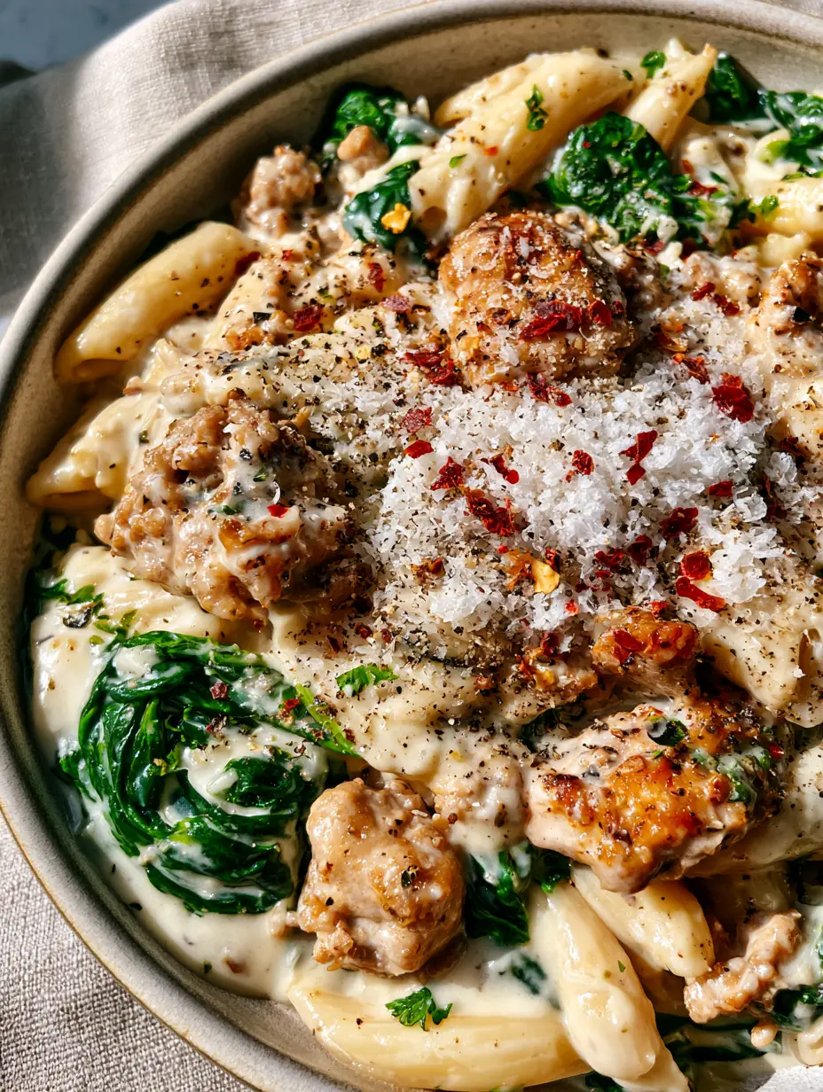 Ground Turkey Spinach Pasta with a Velvety Garlic Cream Sauce 3 A bowl of Ground Turkey Spinach Pasta showing thick garlic cream sauce and vibrant wilted spinach leaves.