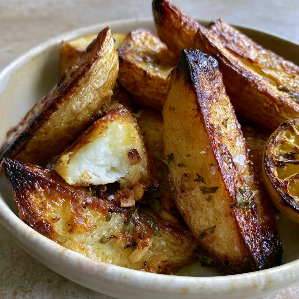 Greek Potatoes Recipe: Extra Crispy Lemon & Garlic Wedges 2 A close-up of the Greek potatoes recipe showing deep golden-brown edges and a shattered-glass crust.