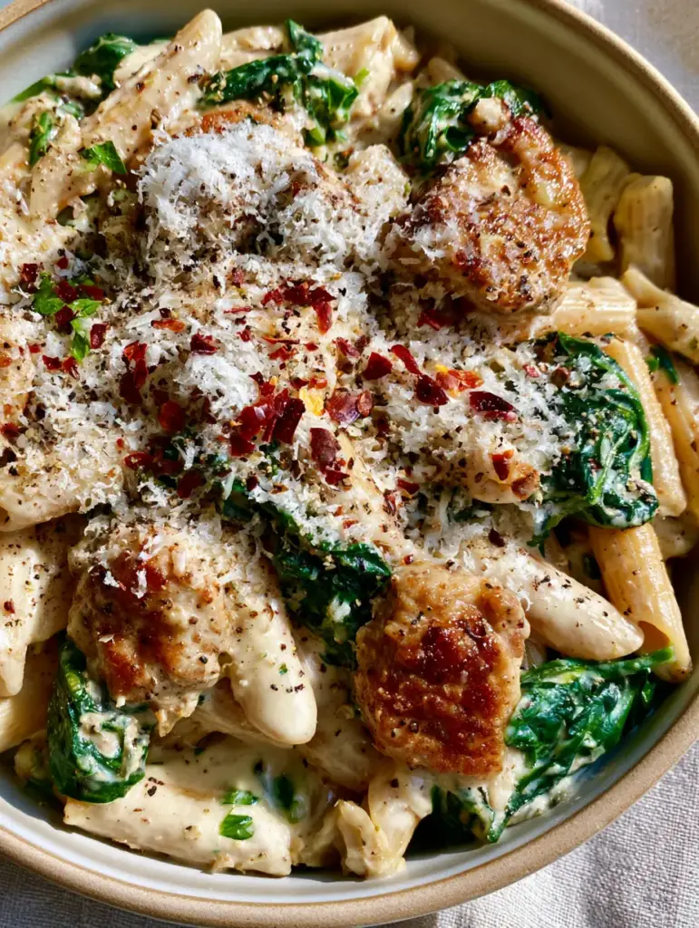 Ground Turkey Spinach Pasta with a Velvety Garlic Cream Sauce 1 Detailed view of seared ground turkey morsels and cracked black pepper in the Ground Turkey Spinach Pasta.