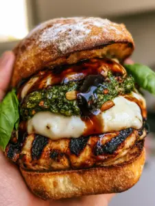Extreme close-up of a Pesto Grilled Chicken Sandwich Recipe on toasted ciabatta bread.