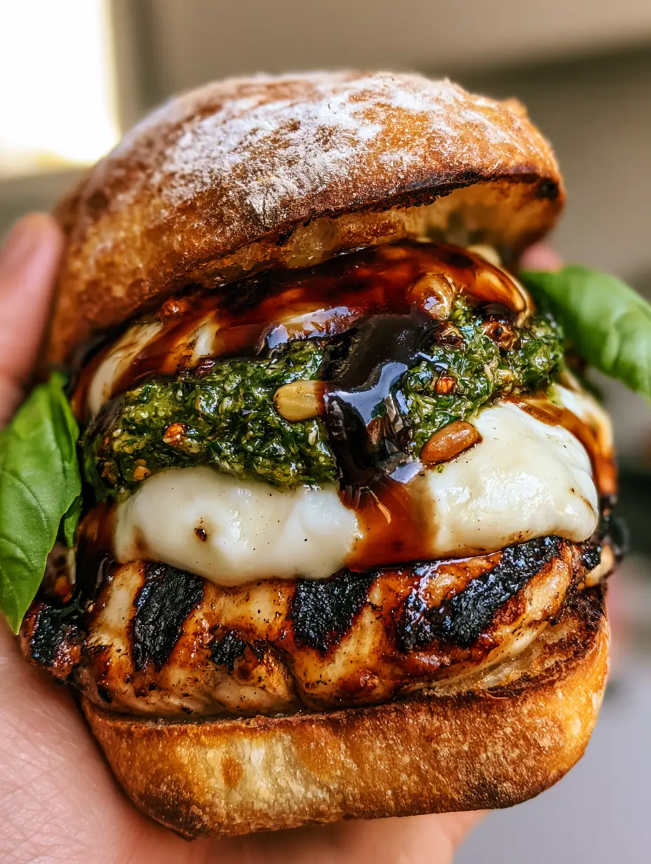 Pesto Grilled Chicken Sandwich Recipe: The Ultimate Gourmet Ciabatta Melt 3 Extreme close-up of a Pesto Grilled Chicken Sandwich Recipe on toasted ciabatta bread.