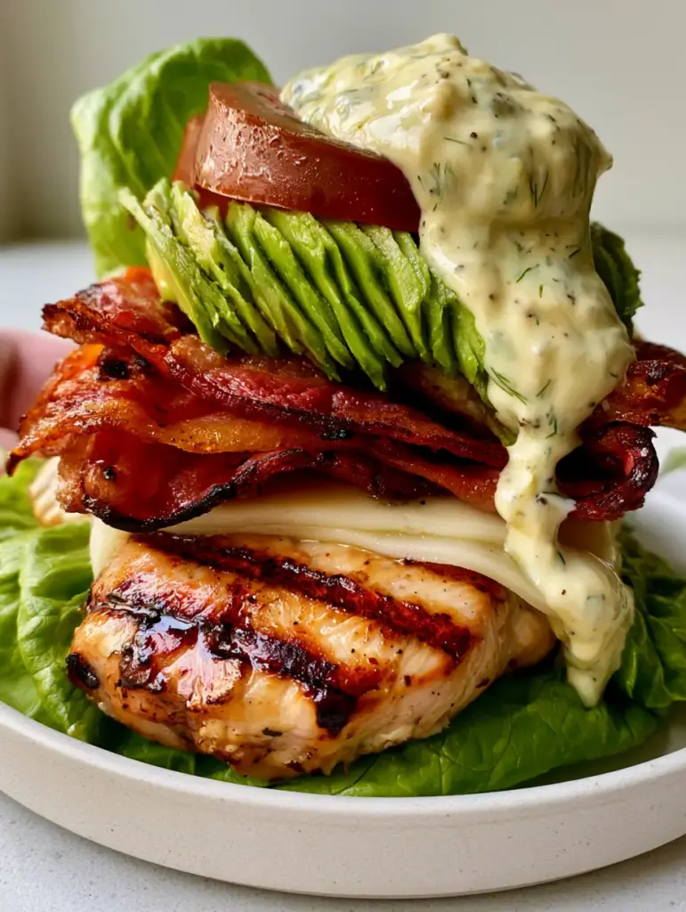 Home 6 Macro photo of a high-protein chicken club sandwich with glistening grilled chicken, mahogany bacon, and fanned avocado. (Low Carb Chicken Club Sandwich)