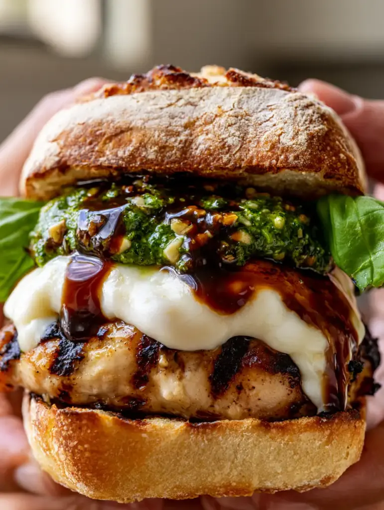Pesto Grilled Chicken Sandwich Recipe: The Ultimate Gourmet Ciabatta Melt 1 Close up of the cascading melted mozzarella and balsamic glaze on a Pesto Grilled Chicken Sandwich Recipe.