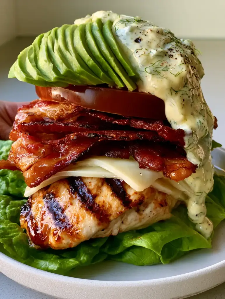 Low Carb Chicken Club Sandwich with Garlic Dill Aioli 1 Detailed view of extra-crispy mahogany bacon and melted white cheddar inside a butter lettuce bun. (Low Carb Chicken Club Sandwich)