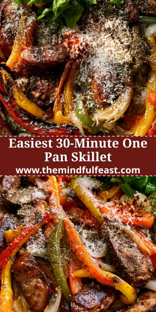 Italian Sausage and Peppers Skillet: A Vibrant One-Pan Masterpiece 4 A top-down view of a black cast iron Italian sausage and peppers skillet featuring seared sausage coins, charred peppers, and fresh torn basil.