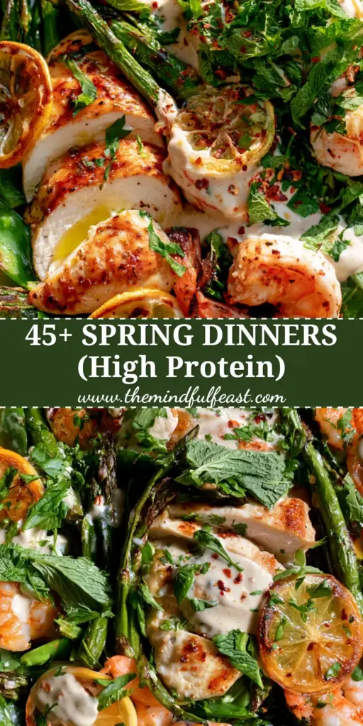 High Protein Spring Dinners: The Ultimate Lemon-Tahini Chicken and Shrimp Harvest 3 A top-down sheet pan meal featuring golden seared chicken, pink shrimp, charred asparagus, and blistered snap peas with lemon tahini drizzle. (high protein spring dinners)