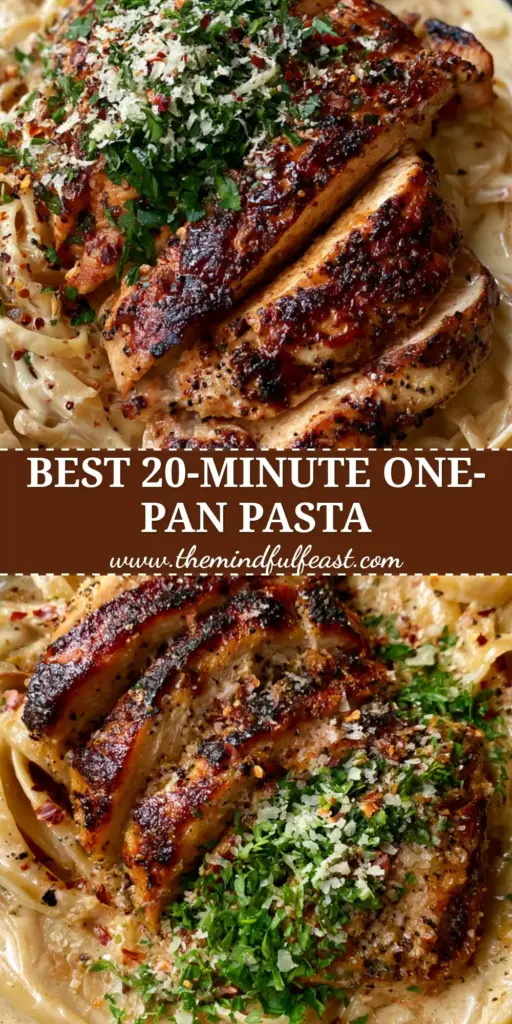 A top-down view of Garlic Butter Chicken Pasta in a cast iron skillet with caramelized chicken and fresh parsley.