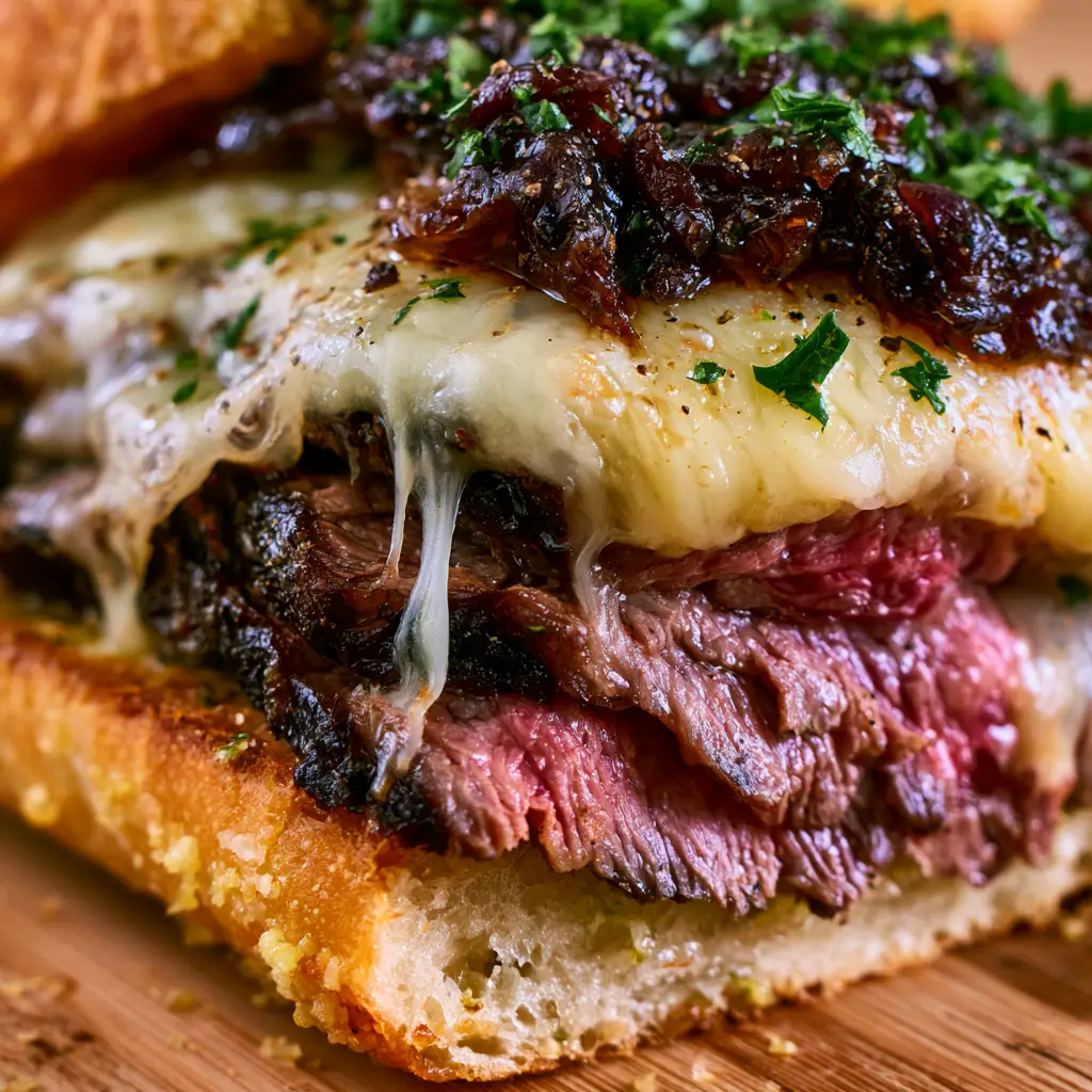 Steak Sandwich with Balsamic Caramelized Onions and Bubbly Provolone 2 Extreme macro close-up showing the juicy cross-section of a steak sandwich with seared ribeye and melted cheese pulls.