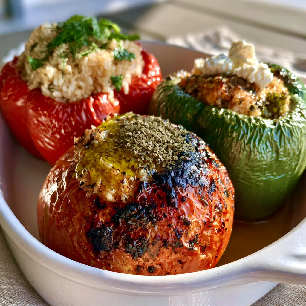 Gemista: The Ultimate Guide to Authentic Greek Stuffed Vegetables 1 Overhead shot of a rustic white dish filled with Gemista, herb-flecked fluffy rice filling, and roasted potatoes.