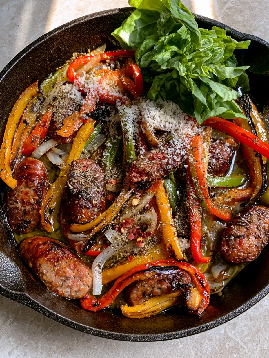 Italian Sausage and Peppers Skillet: A Vibrant One-Pan Masterpiece 3 Close up of seared Italian sausage slices and blistered red and green peppers in a cast iron skillet.