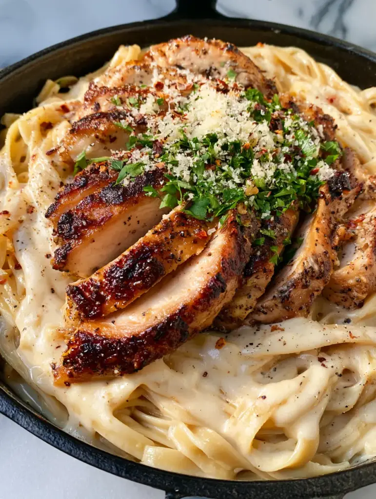 Smartphone photo of creamy Garlic Butter Chicken Pasta with shimmering fettuccine ribbons and golden chicken.