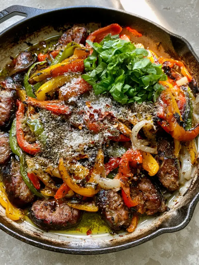 Italian Sausage and Peppers Skillet: A Vibrant One-Pan Masterpiece 1 Italian sausage and peppers skillet garnish with grated parmesan and herb-infused olive oil glaze.