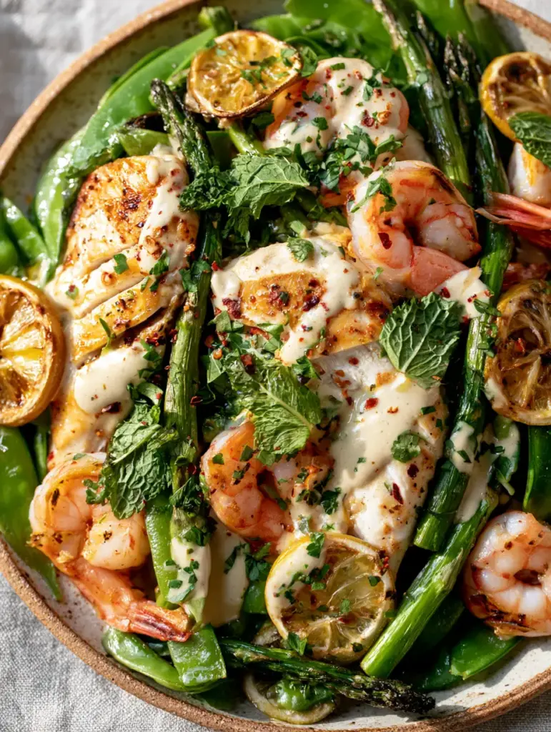 High Protein Spring Dinners: The Ultimate Lemon-Tahini Chicken and Shrimp Harvest 1 Plump sautéed shrimp nestled among vibrant green asparagus and snap peas with red chili flakes.
