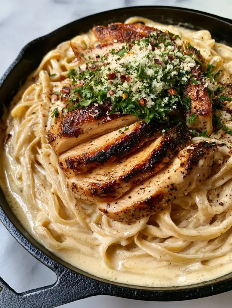 Close-up of golden minced garlic bits and red chili flakes on Garlic Butter Chicken Pasta.
