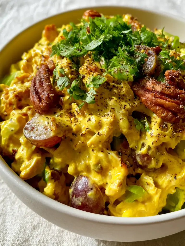 Curry Chicken Salad with Grapes and Toasted Pecans (Vibrant & Creamy) 1 A matte white bowl filled with shredded curry chicken salad, pecans, and fresh cilantro. (curry chicken salad)