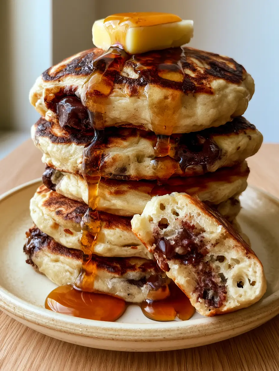 Macro view of thick chocolate chip pancakes showing the airy internal crumb and gooey melted chocolate chips.