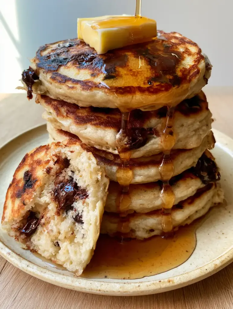 Chocolate Chip Pancakes: The Ultimate Thick and Fluffy Buttermilk Recipe 1 Overhead shot of five golden-brown chocolate chip pancakes with a half-melted butter square on a light oak wood surface.