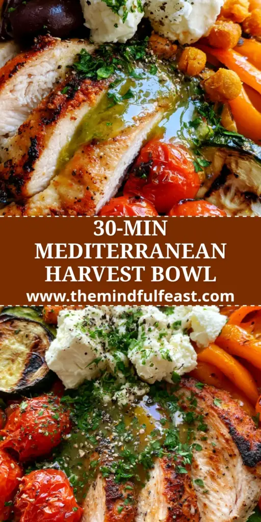 Roasted Chicken Dinner Bowl: The Ultimate Mediterranean Harvest Meal 4 A colorful roasted chicken dinner bowl with seared chicken, roasted zucchini, chickpeas, and quinoa in a ceramic dish.