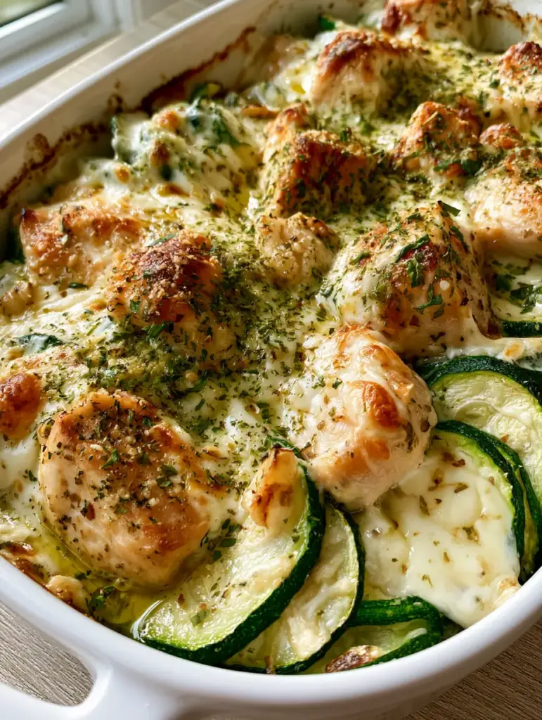 Chicken Zucchini Bake with Garlic and Bubbling Mozzarella 2 High-angle view of a Chicken Zucchini Bake showing seared chicken cubes and charred zucchini edges under melted cheese.