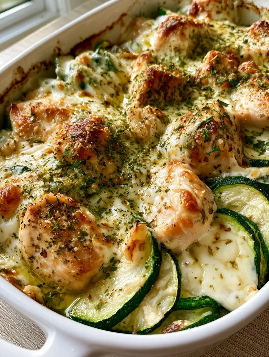 Chicken Zucchini Bake with Garlic and Bubbling Mozzarella 3 High-angle view of a Chicken Zucchini Bake showing seared chicken cubes and charred zucchini edges under melted cheese.