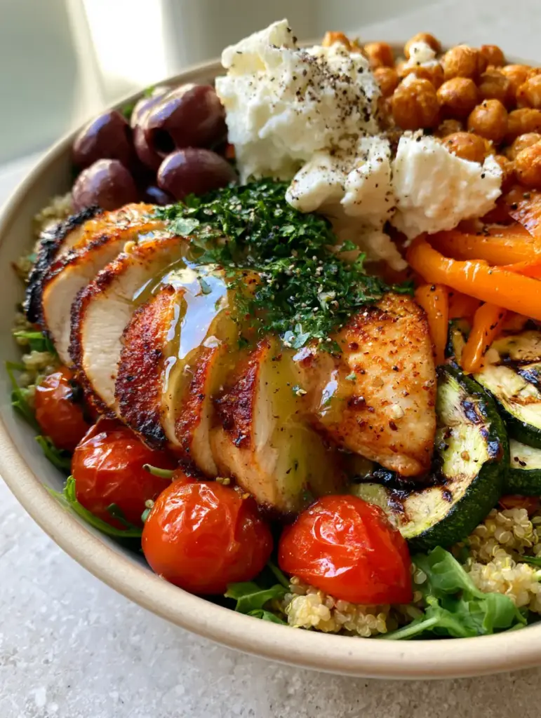 Roasted Chicken Dinner Bowl: The Ultimate Mediterranean Harvest Meal 2 Extreme macro shot of a roasted chicken dinner bowl showing crispy chicken skin, charred zucchini, and golden chickpeas.