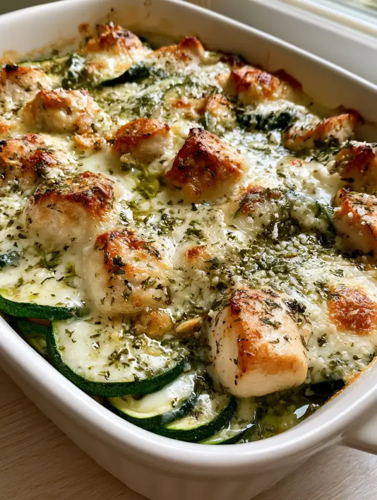 Chicken Zucchini Bake with Garlic and Bubbling Mozzarella 1 Detailed texture of bubbling mozzarella and roasted garlic bits on top of a Chicken Zucchini Bake.