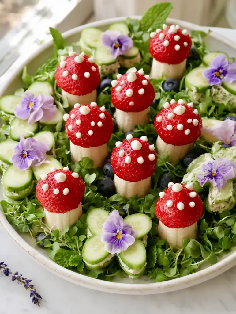 Fairy party food ideas: Crafting a Whimsical Garden Platter 2 Close up of strawberry toadstool treats with precise yogurt dots and banana stems. (Fairy party food ideas)