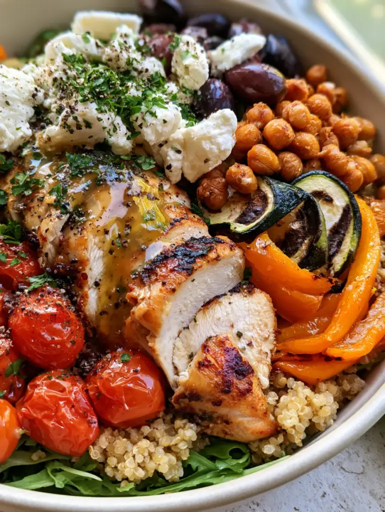 Roasted Chicken Dinner Bowl: The Ultimate Mediterranean Harvest Meal 1 Top down view of a Mediterranean harvest bowl with fluffy quinoa, bright red tomatoes, and orange peppers.