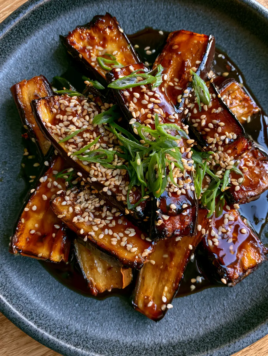 Sticky Soy Garlic Japanese Eggplant: The Ultimate Umami-Packed Side Dish 4 Macro photography of pan-seared Japanese eggplant batons showing deep caramelization and a high-gloss dark soy garlic glaze. (Sticky Soy Garlic Japanese Eggplant)