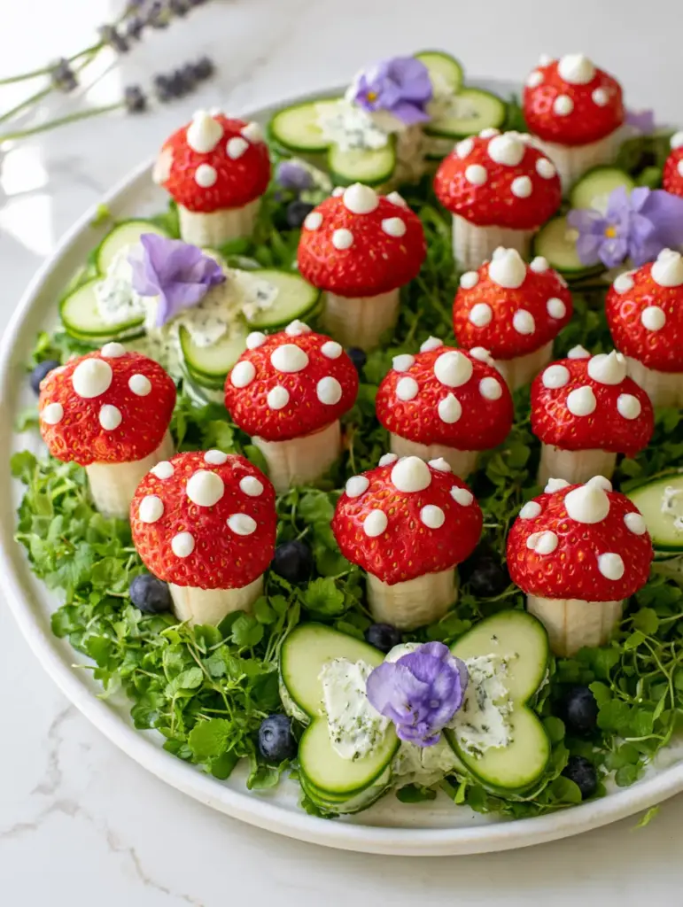 Fairy party food ideas: Crafting a Whimsical Garden Platter 1 Cucumber butterfly sandwiches with herbed cream cheese and edible purple pansies. (Fairy party food ideas)