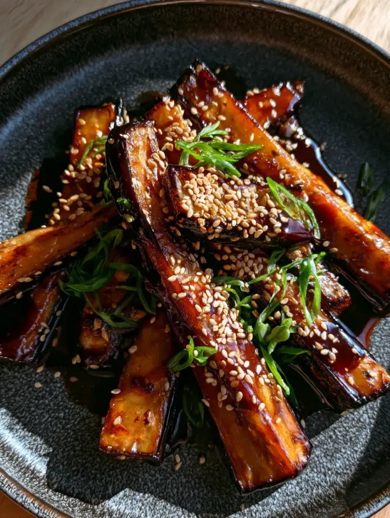 Sticky Soy Garlic Japanese Eggplant: The Ultimate Umami-Packed Side Dish 1 Crispy edges of Sticky Soy Garlic Japanese Eggplant garnished with white sesame seeds and fresh scallions on a black ceramic plate.