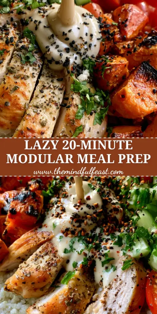 A premium modular meal prep bowl featuring seared chicken, roasted sweet potatoes, and white quinoa topped with tahini dressing. (food)