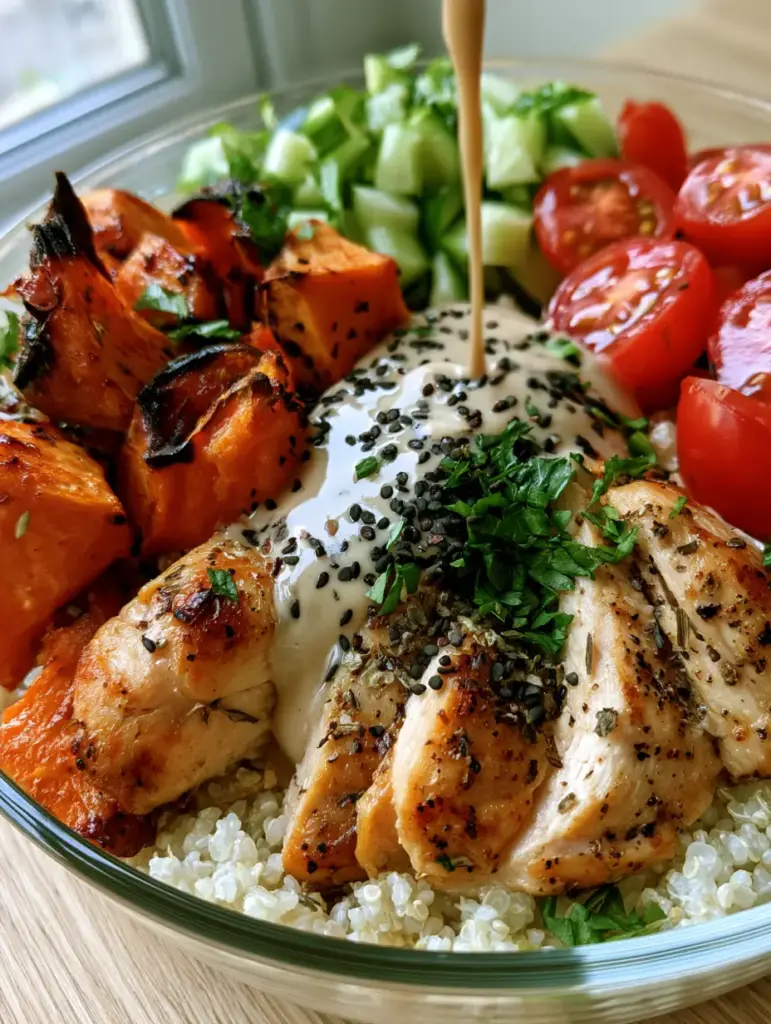 Creamy lemon-tahini dressing being drizzled over a vibrant quinoa bowl with tomatoes and cucumbers.
