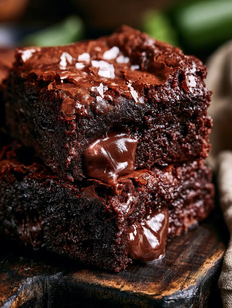 Chocolate Zucchini Brownies: The Ultimate Fudgy Mahogany Masterpiece 4 Macro shot of a chocolate zucchini brownie stack showing a dense mahogany interior and large molten chocolate chunks.