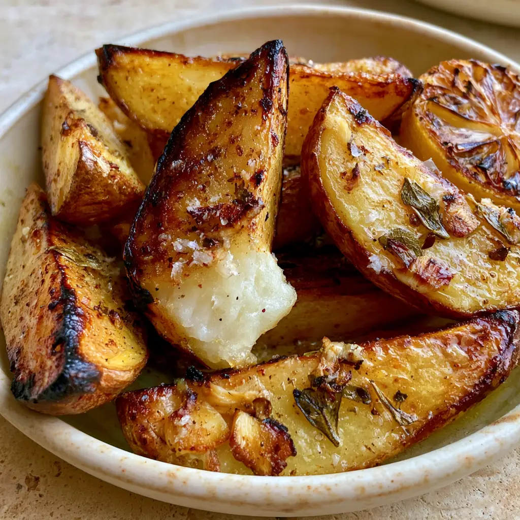 Greek Potatoes Recipe: Extra Crispy Lemon & Garlic Wedges 1 Steam rising from a broken Greek potato wedge revealing a snow-white fluffy interior.