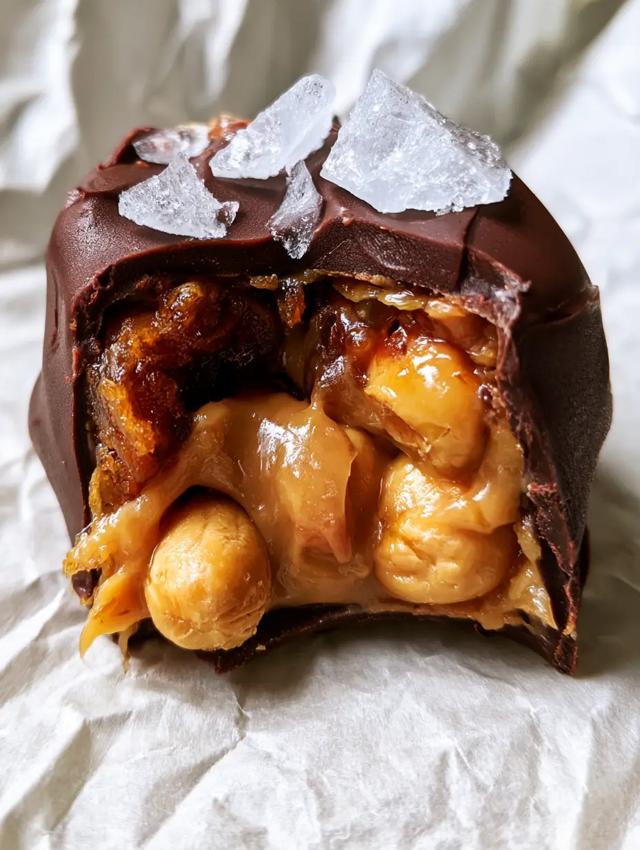 Macro close-up of a bitten chocolate snack bite showing a caramel date center, dripping peanut butter, and whole peanuts. (snack ideas)