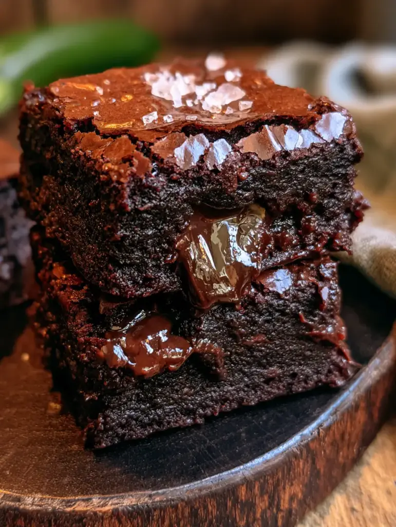 Chocolate Zucchini Brownies: The Ultimate Fudgy Mahogany Masterpiece 1 Top-down view of a crackly brownie crust with crevices and Maldon sea salt flakes.