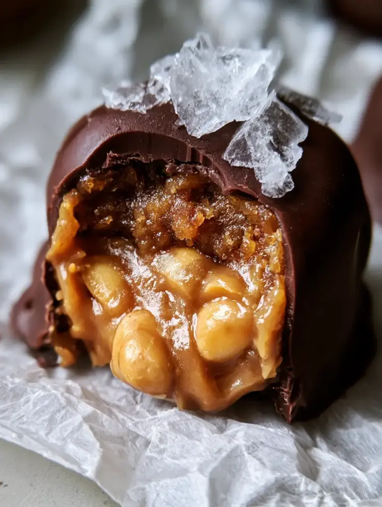 Close up of a bitten-into dark chocolate covered date with visible sea salt crystals and a thick matte chocolate shell.