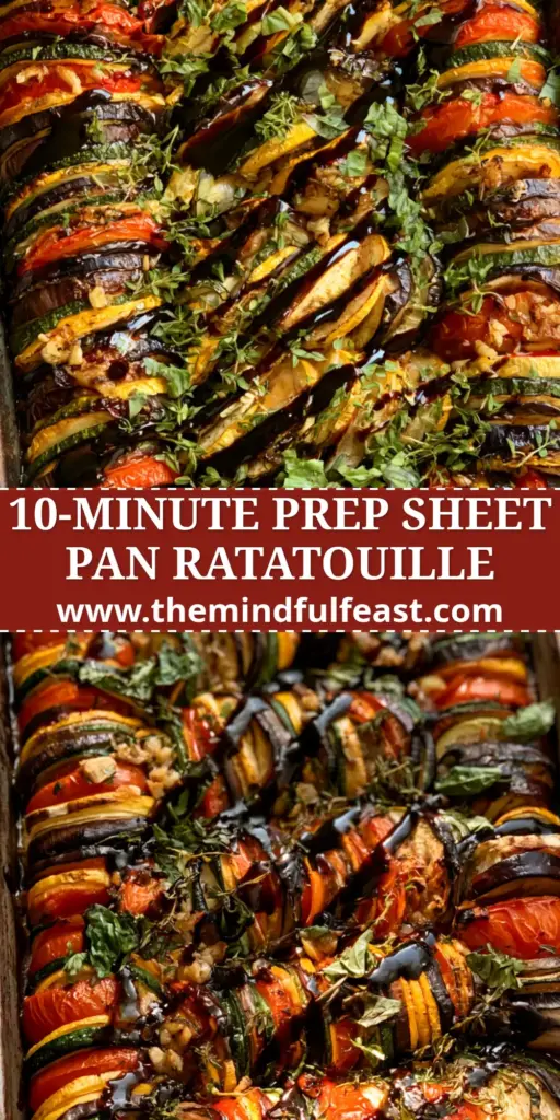 Baked Ratatouille with Caramelized Garlic and Balsamic Glaze 3 A vibrant overhead view of baked ratatouille arranged in a tight spiral on a rustic sheet pan with charred edges and balsamic glaze. (baked ratatouille)