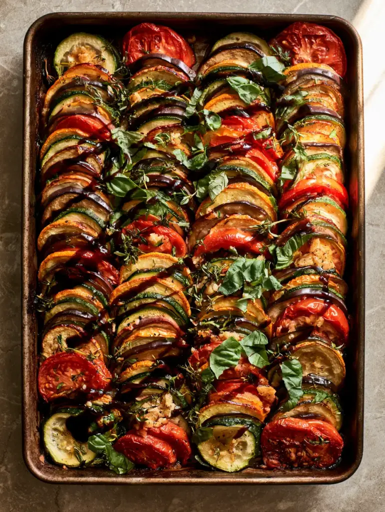 Baked Ratatouille with Caramelized Garlic and Balsamic Glaze 2 Overhead flat lay of a rustic metal sheet pan with spiraled zucchini, eggplant, and tomatoes for baked ratatouille.