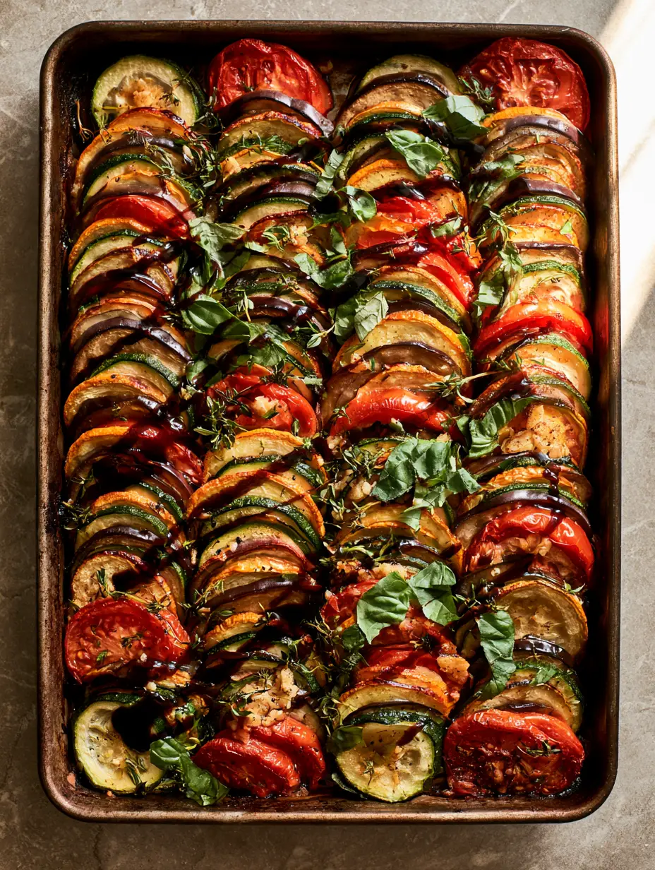 Baked Ratatouille with Caramelized Garlic and Balsamic Glaze 4 Overhead flat lay of a rustic metal sheet pan with spiraled zucchini, eggplant, and tomatoes for baked ratatouille.