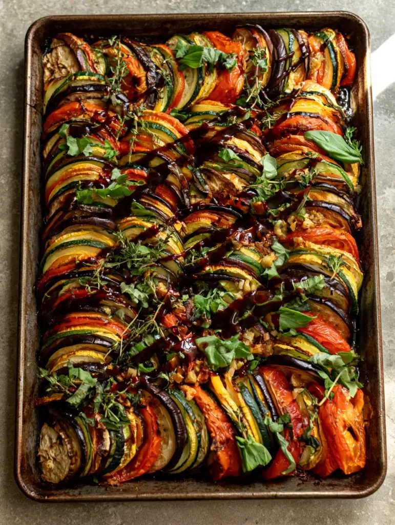 Baked Ratatouille with Caramelized Garlic and Balsamic Glaze 1 Close up of charred vegetable edges and glossy balsamic glaze on a sheet pan of baked ratatouille.