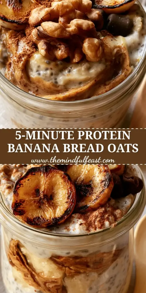 Banana Bread Overnight Oats with Caramelized Bananas and Walnuts 4 A close-up vertical shot of banana bread overnight oats in a glass jar, featuring charred banana slices, walnuts, and chocolate chips.