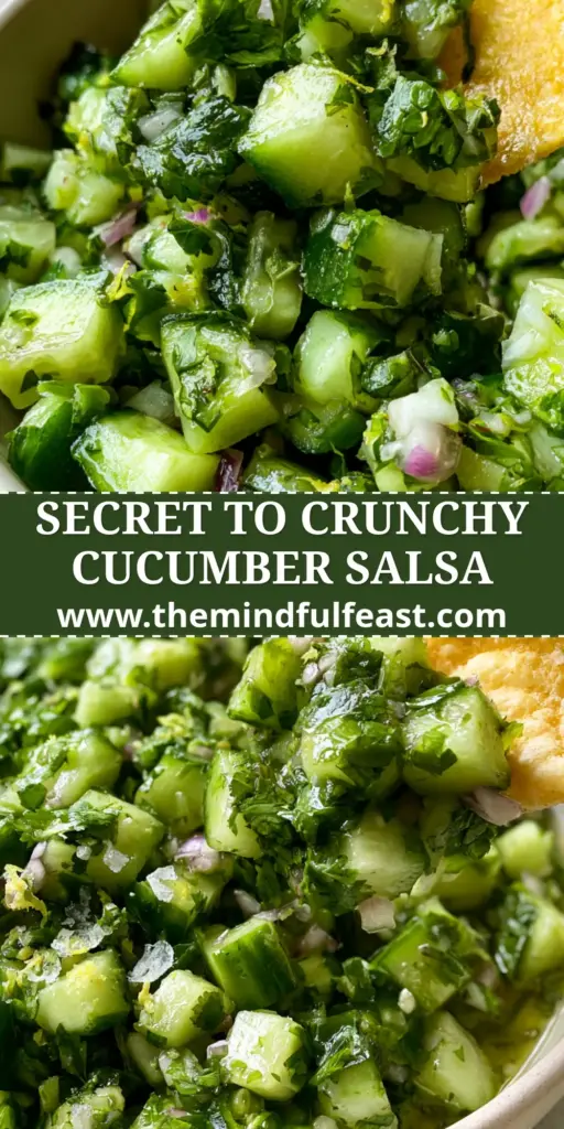 A close-up shot of vibrant cucumber salsa being scooped with a golden corn tortilla chip. (cucumber salsa)