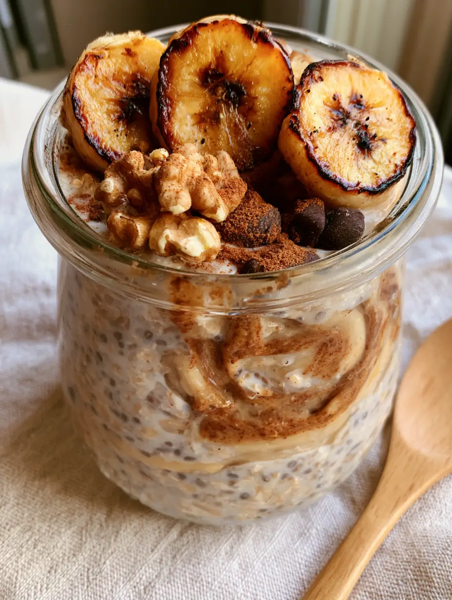 Banana Bread Overnight Oats with Caramelized Bananas and Walnuts 3 A handheld smartphone photo of creamy banana bread overnight oats with visible layers of mashed banana and cinnamon almond butter.