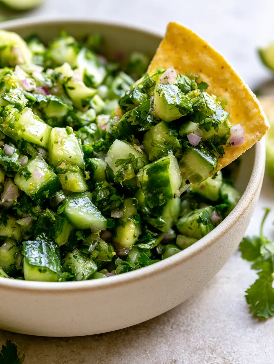 A smartphone photo of cucumber salsa in a matte ceramic bowl on a stone countertop. (cucumber salsa)
